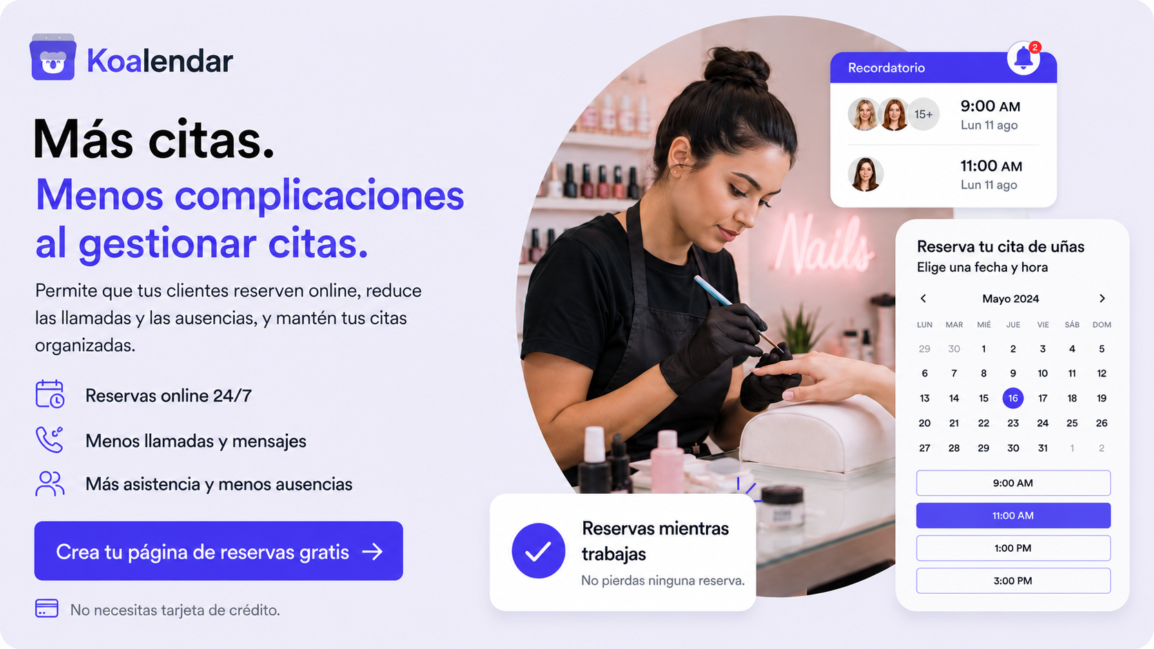 Software de reservas para salones de uñas Koalendar